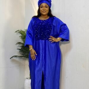 Royal Blue Duchess With Blue Sequence Neckline Kaftan.