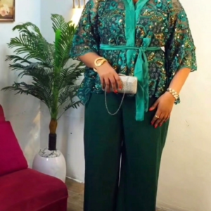 Dark Green Sample Big Lace Top with Duchess Pants